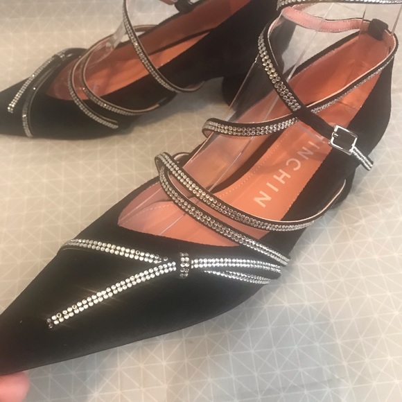 ChinChin Black Velvet Rhinestone Strap Wrapped Heels 37 - Picture 4 of 8